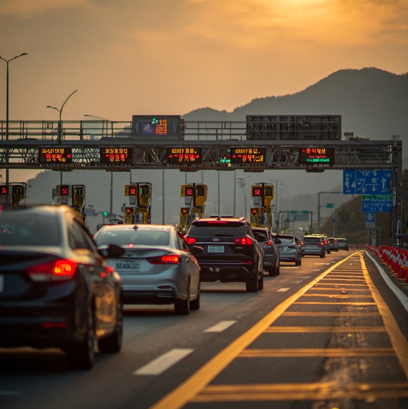 톨게이트를 통과하는 차량과 차로 모습