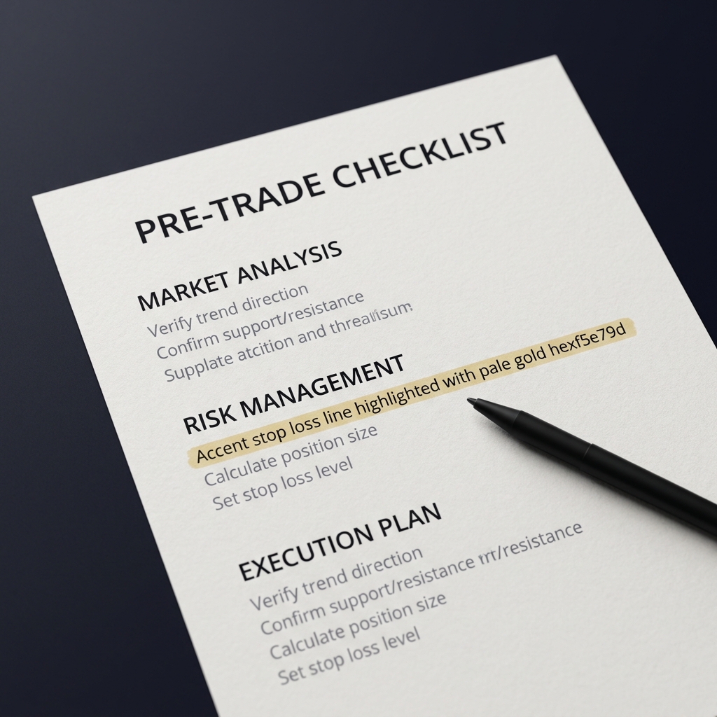 Close up printed pre trade checklist with highlighted stop loss line and pen on minimalist dark desk showing How Routine Improves Trading Consistency in clean Funded Plays brand style