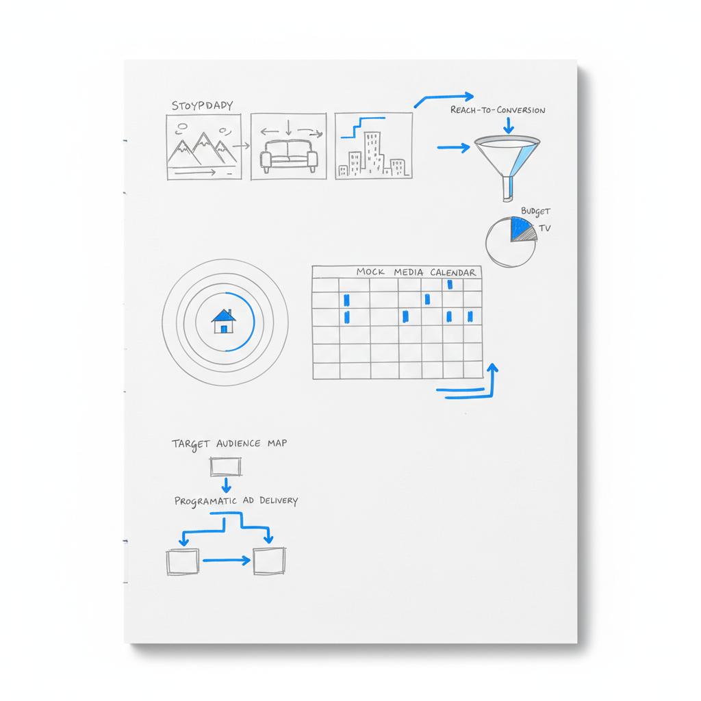 Flat-lay notebook sketches of programmatic TV assets for what is television advertising: rough storyboard frames, concentric household target map, and mock media calendar on white background