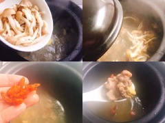Thêm nấm linh chi nâu vào nồi canh gà nấm đông cô, đậy nắp và đun tiếp 10 phút. Sau đó vào 10g kỷ tử, nấu canh gà khoảng 5 phút nữa là xong. Nêm gia vị ít hạt nêm cho vừa miệng nhé.