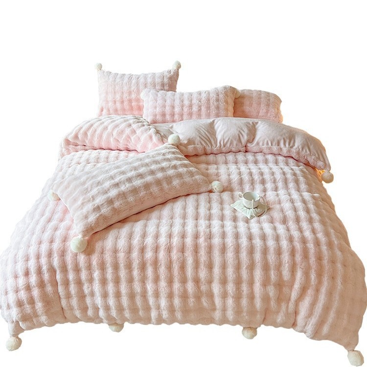 Fluffy Milk Fiber Fleece Bedding Set with Pom Poms