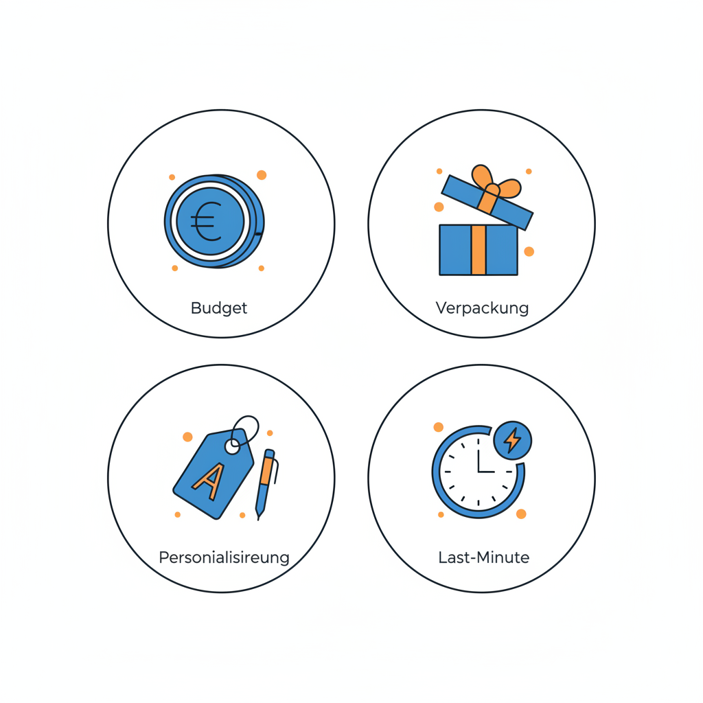 Minimalistische 2D-Vektor-Infografik zu wichtelgeschenk ideen mit Icons für Budget, Verpackung, Personalisierung und Last‑Minute auf hellem Hintergrund.