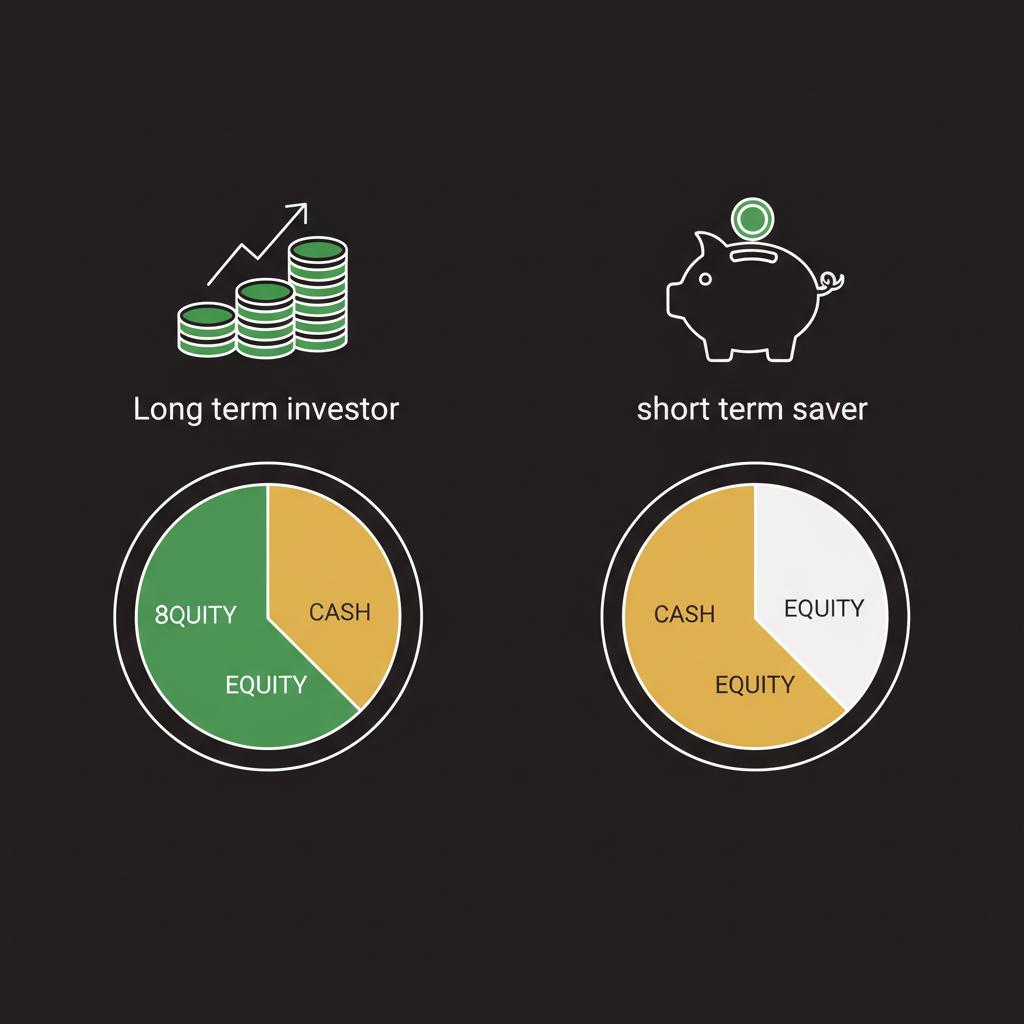 Minimal 2D vector split screen showing long term investor versus short term saver with simple pie charts and icons how do you start investing in the stock market