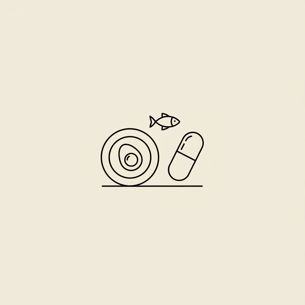 Minimal Tonum-style line illustration of a plate with an egg, a small fish icon and a capsule, representing protein balance for the 30/30/30 rule for weight loss