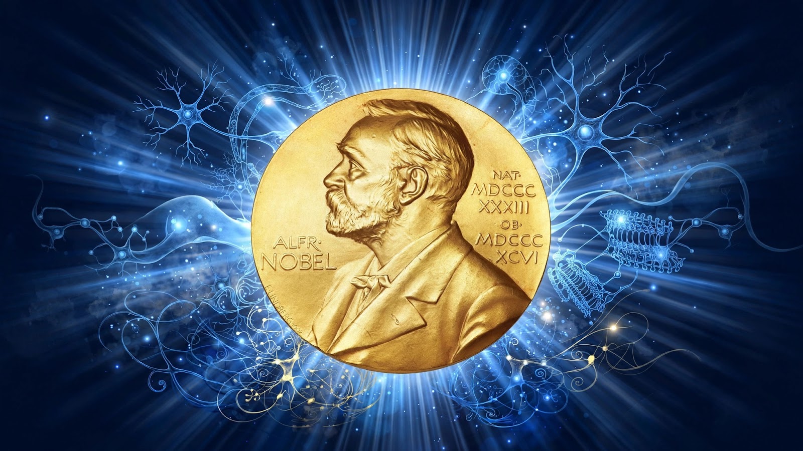 A gold Nobel Prize medal radiating blue light, symbolizing the 2026 Nobel Prize in Medicine for optogenetics