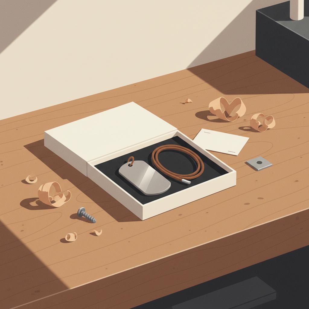 Geöffnete Geschenkbox auf Werkbank mit Metall-DogTag, Lederband und Notizkarte in minimalistischer Werkstattästhetik — Geschenkideen für Sportler