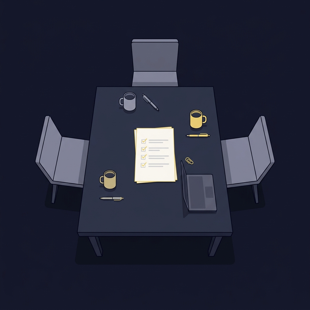 Minimalist 2D vector office meeting table with a checklist and evaluation framework implying a small group discussion bet on it wager talk