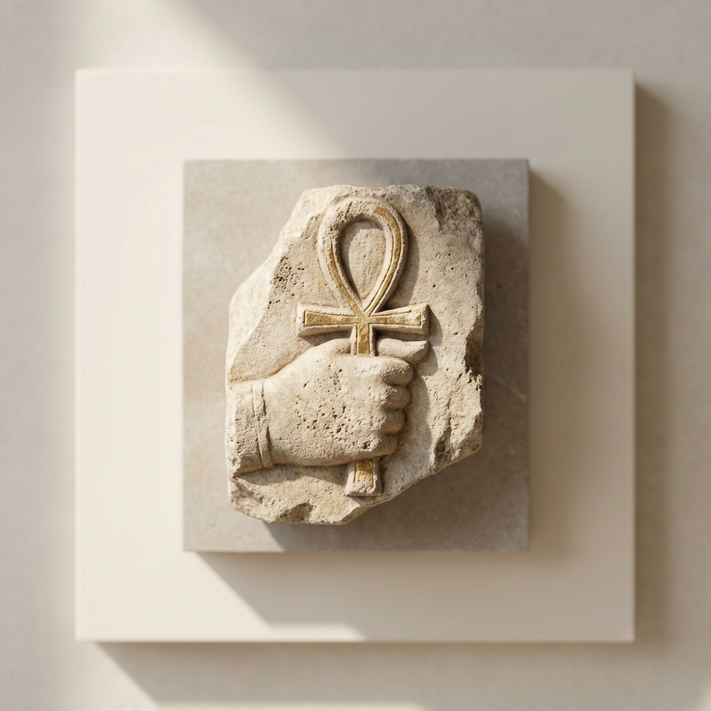 Close up of Egyptian carved ankh held by a deity on a stone relief with weathered texture subtle gold inlay ankh ring meaning