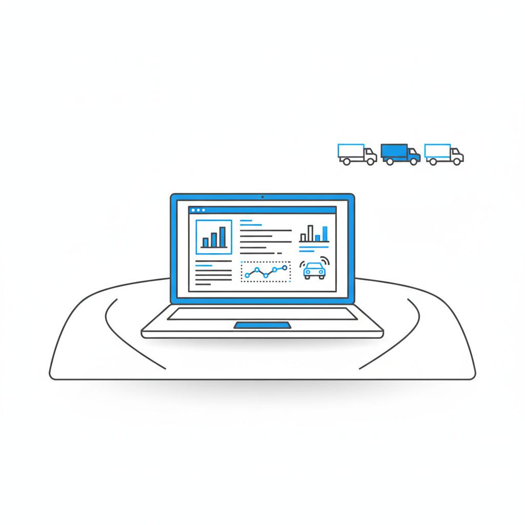Minimalist vector illustration of a laptop displaying a simplified vehicle history report with a row of trucks in a dealership lot in brand colors kelley blue book trucks