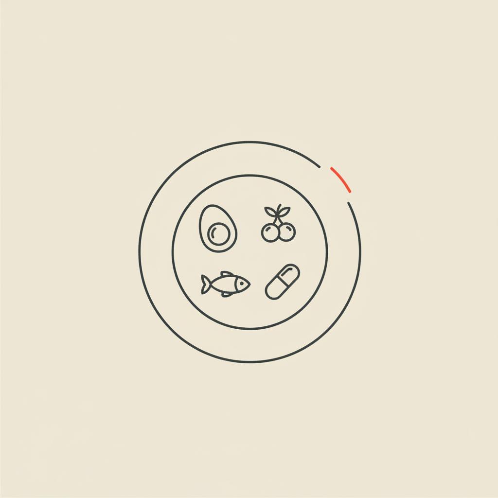 Minimal Tonum-style line illustration of a plate with an egg, fish, berry cluster, and capsule arranged in a circle on a beige background, representing foods to slim down belly