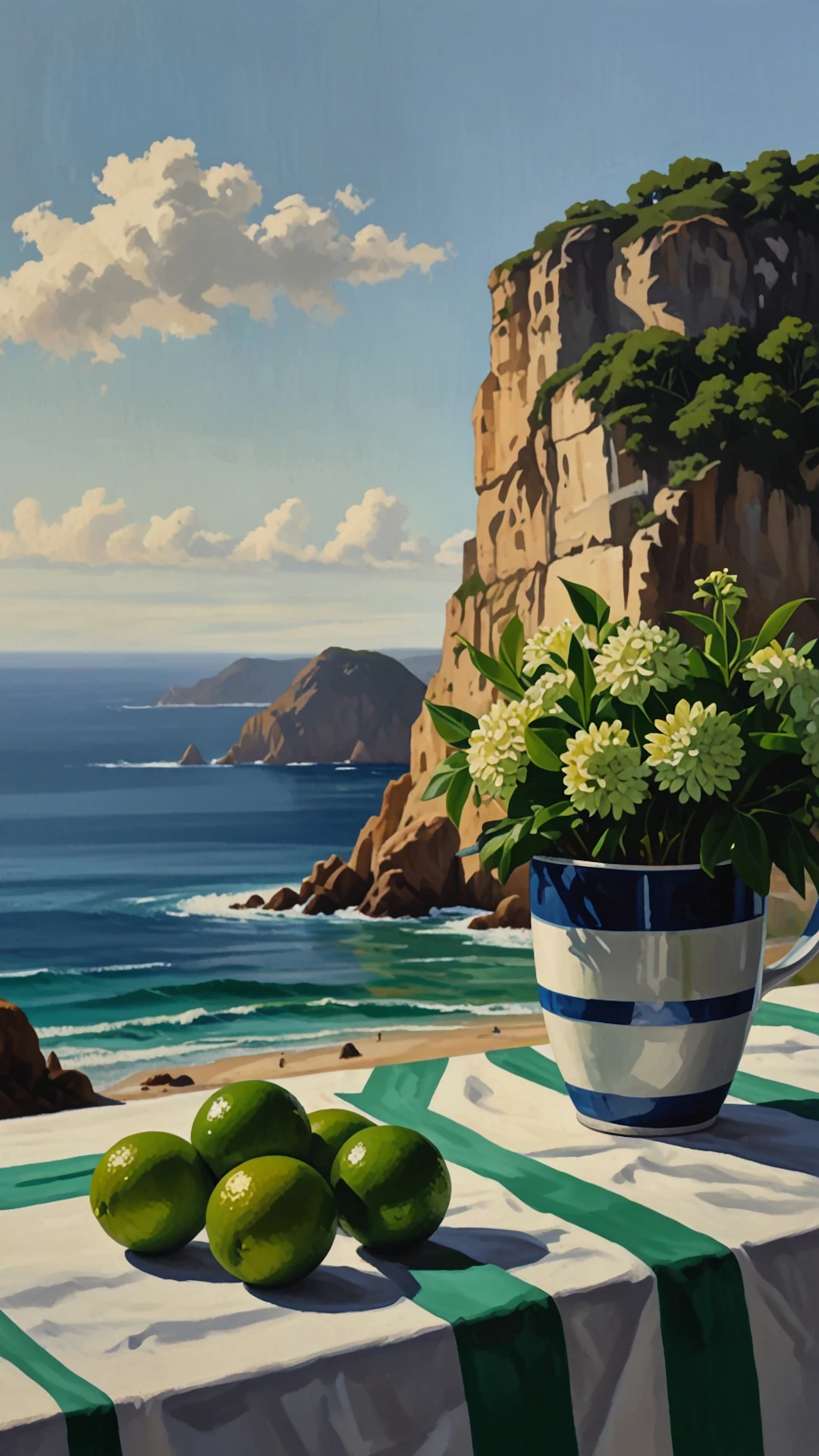 Mediterranean Coastal Painting with Limes and Cliff View - Free 4K mobile Wallpaper