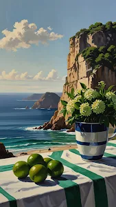 Mediterranean Coastal Painting with Limes and Cliff View