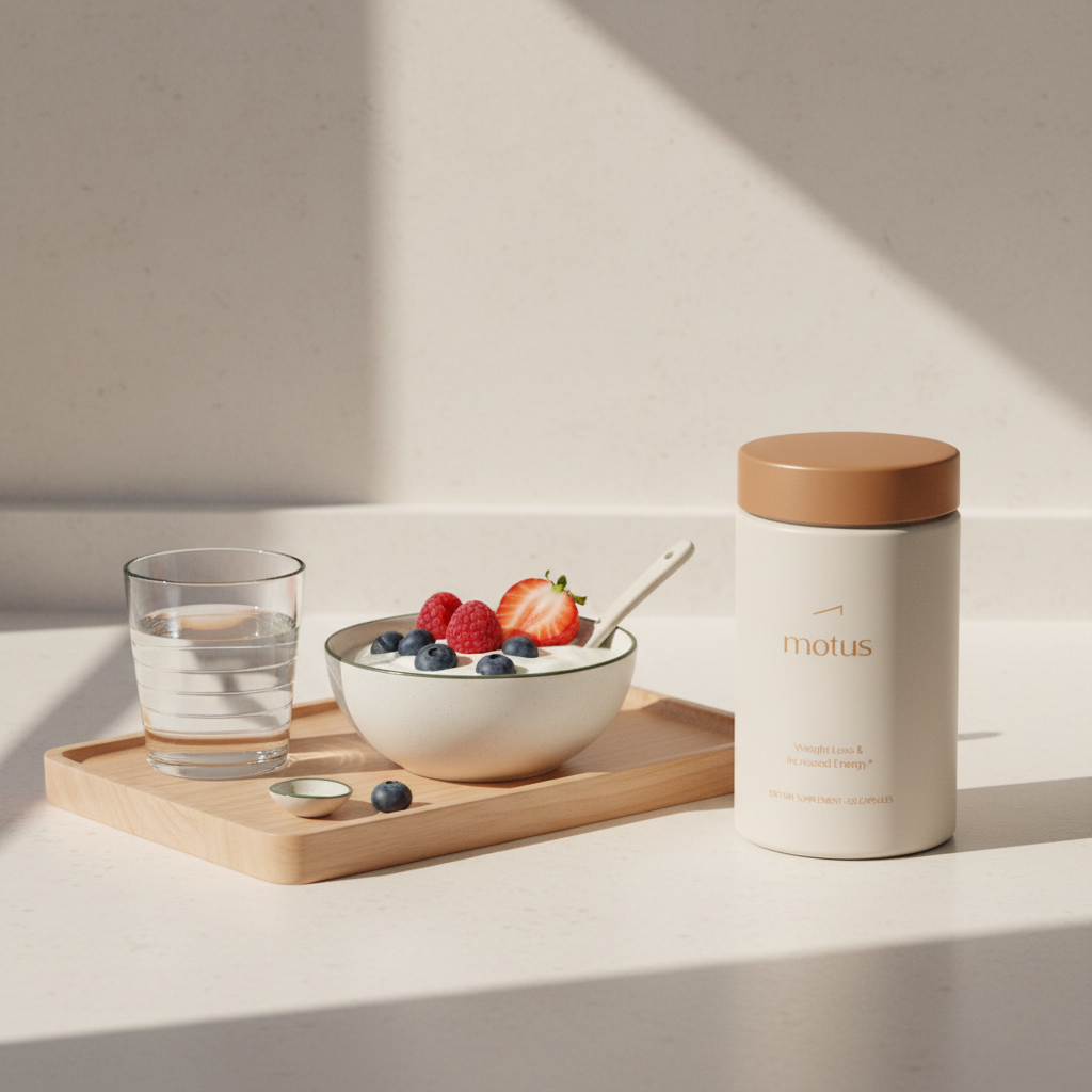 Minimal breakfast scene with Tonum Motus supplement next to Greek yogurt and water, promoting best whey protein for weight loss and muscle gain in a calm, minimalist style