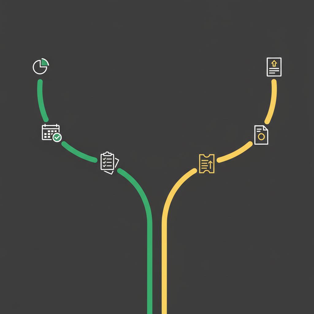 Minimalist 2D vector of two diverging financial paths illustrating how to start an ria with planning calendar and checklist icons on advisory path and a broker path with a trade ticket icon
