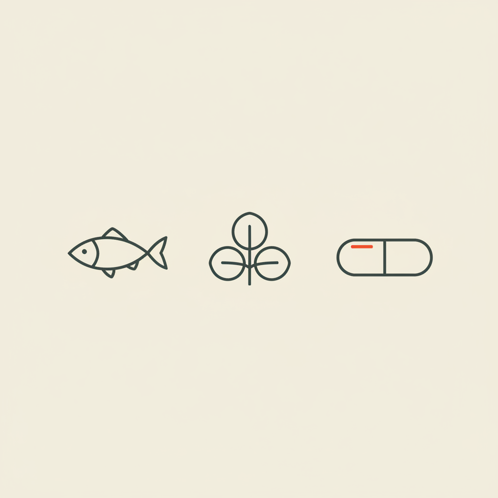 Minimalist 2D vector line illustration of a fish, bacopa leaf, and capsule on beige background, illustrating memory supplements evidence