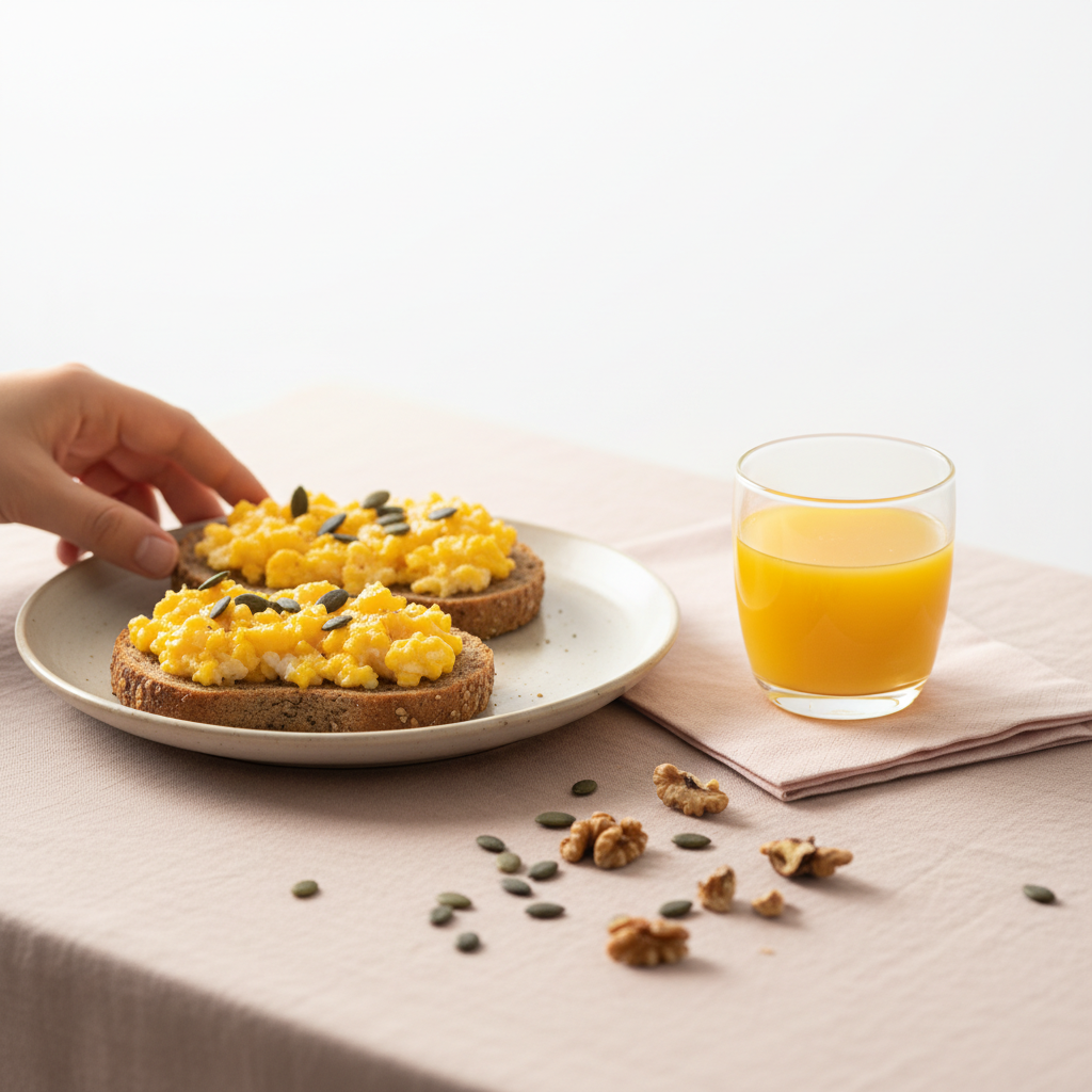 Minimalistisches Frühstück mit Vollkorntoast, Rührei, Orangensaft und Kernen auf pastellrosa Leinen – symbolisiert brüchige Nägel Ursachen durch Ernährung.
