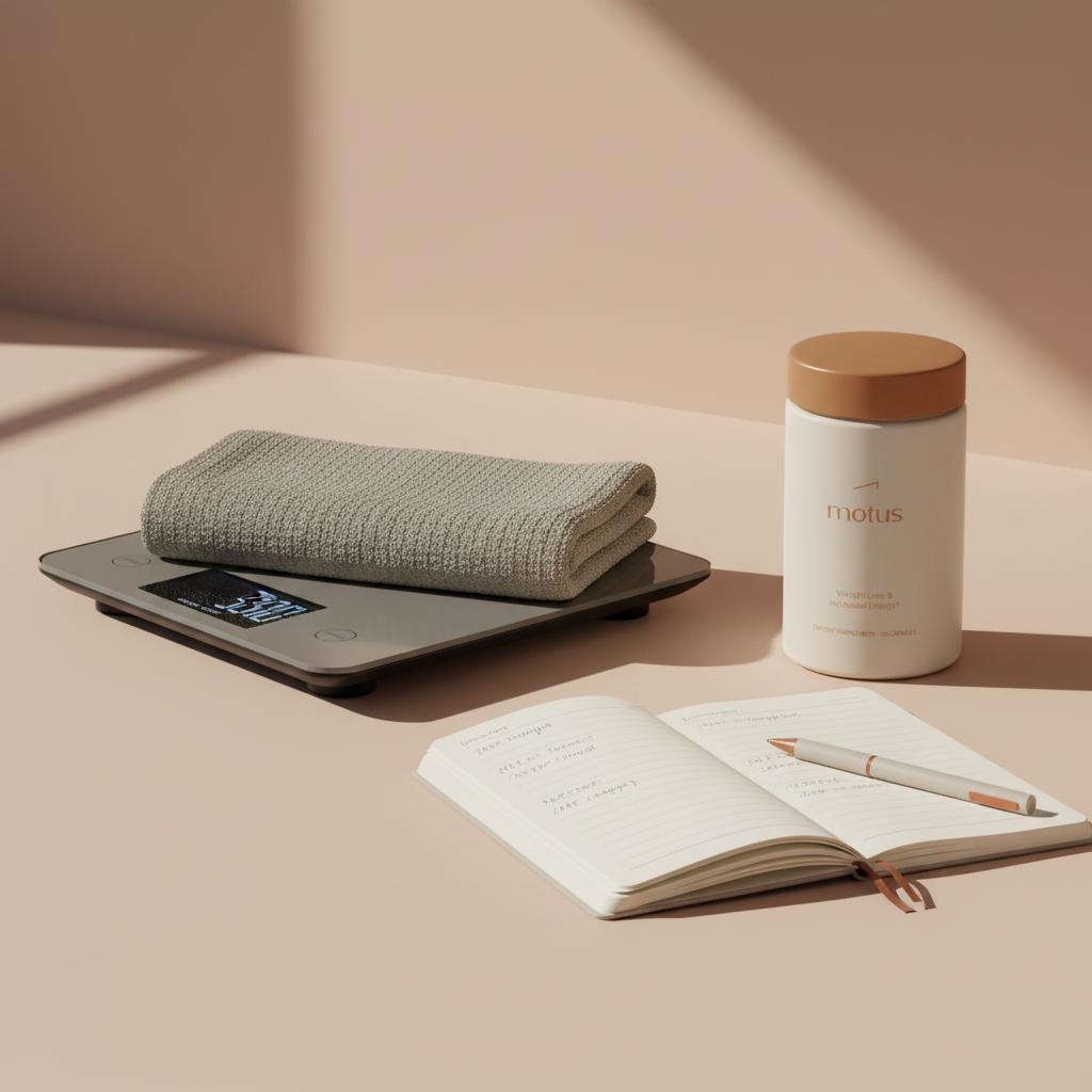 Minimal kitchen counter with digital scale, notebook of morning weights and Tonum Motus supplement container, evoking calm morning monitoring of sudden weight gain