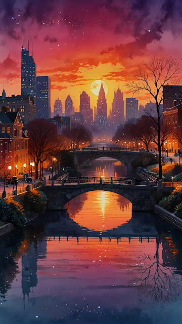 City Skyline at Sunset with Moon and River Reflection - Free mobile Wallpaper