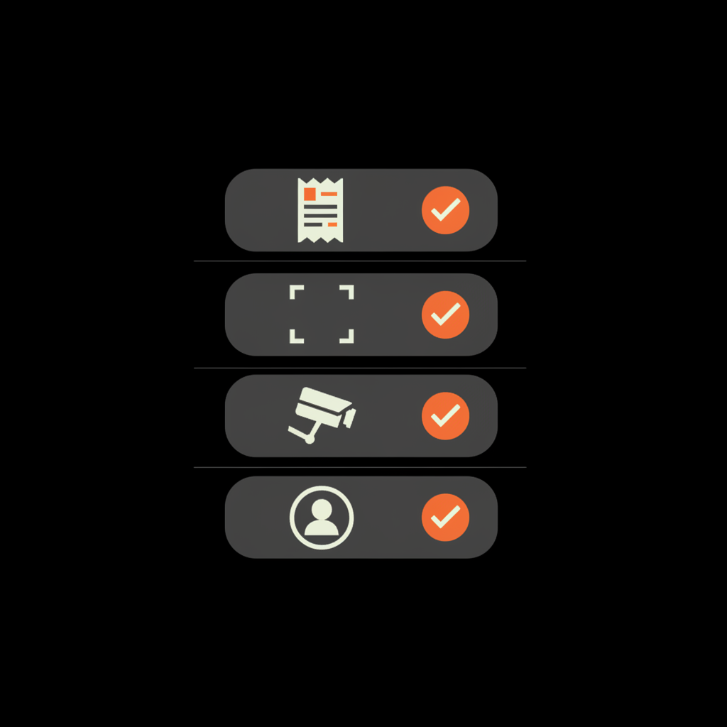Minimal vector checklist infographic with icons for receipts, screenshots, CCTV and account profiles for reporting evidence — how many reports to remove a review