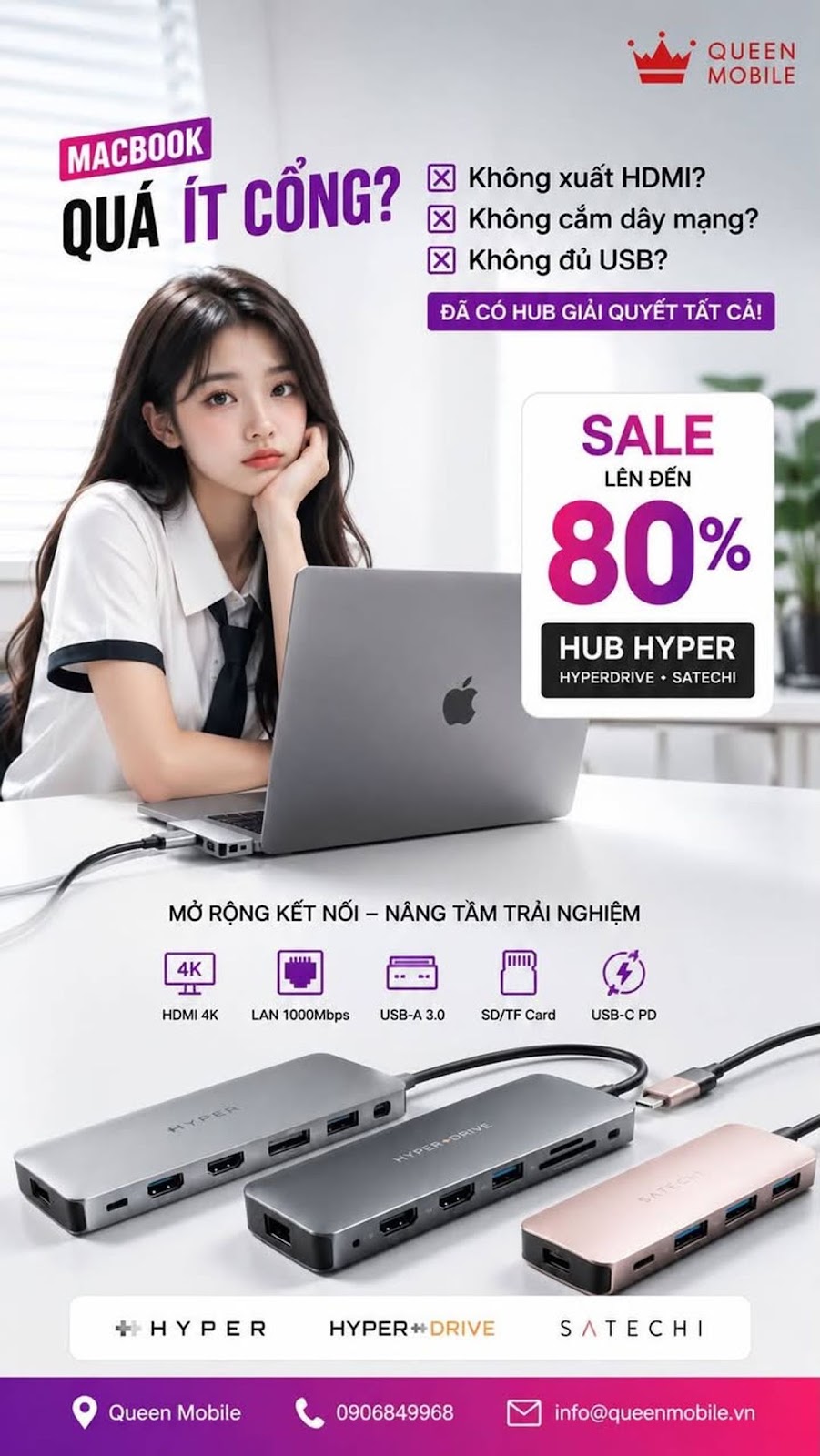 MacBook quá ít cổng? Giải pháp nâng cấp chỉ trong một thiết bị nhỏ gọn #MacBook #Apple #Hyper #HyperDrive #Satechi #USBCHub #HDMI #Ethernet #USB #QueenMobile #PhụKiệnMacBook #Lapto