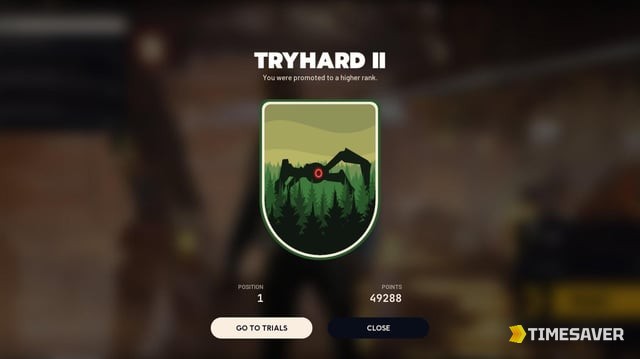 ARC Raiders rank-up screen showing promotion to TRYHARD II with rank badge, division position and points