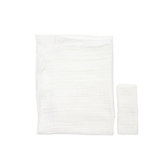 Плед Twins мусліновий 100х80 4-х шар з помпонами+серветка екрю