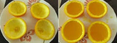 Đun sôi và khuấy đều 400ml nước cam với 2 muỗng cà phê bột rau câu và 50g đường cho đến khi đường tan hết thì tắt bếp, để hơi nguội. Sau đó đổ phần nước cam vào các khuôn bằng vỏ cam.