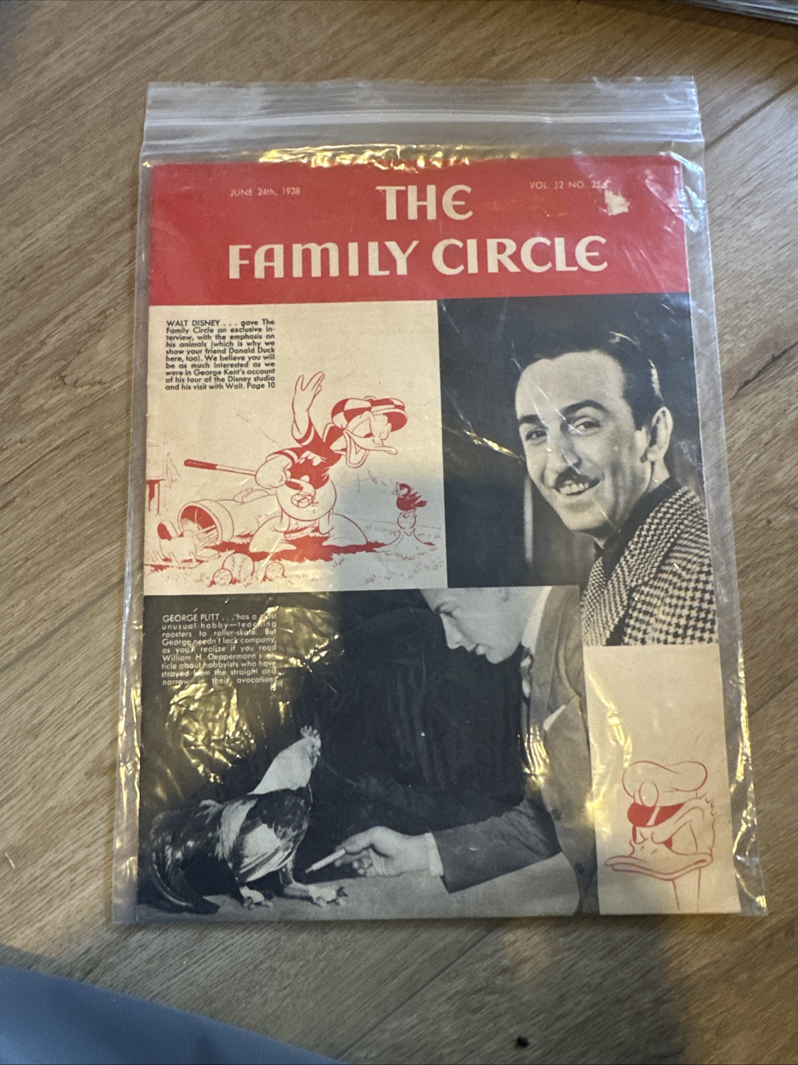 Front cover of The Family Circle magazine, June 24 1938, showing a black-and-white portrait of Walt Disney beside long-billed Donald Duck golf illustrations and a red masthead