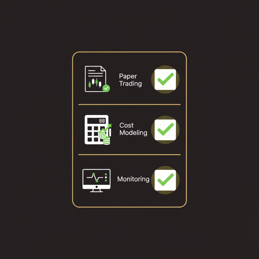 Minimalist vector checklist showing paper trading cost modeling and monitoring workflow for automated crypto trading with green and gold accents on dark background