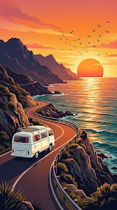 Stylized Illustration of an RV Driving Along a Coastal Mountain Road at Sunset