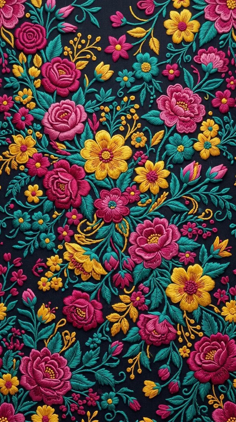 Lush Cascading Floral Motifs in Embroidery Art Style - Free 4K mobile Wallpaper