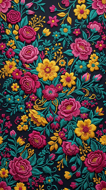Lush Cascading Floral Motifs in Embroidery Art Style - Free mobile Wallpaper