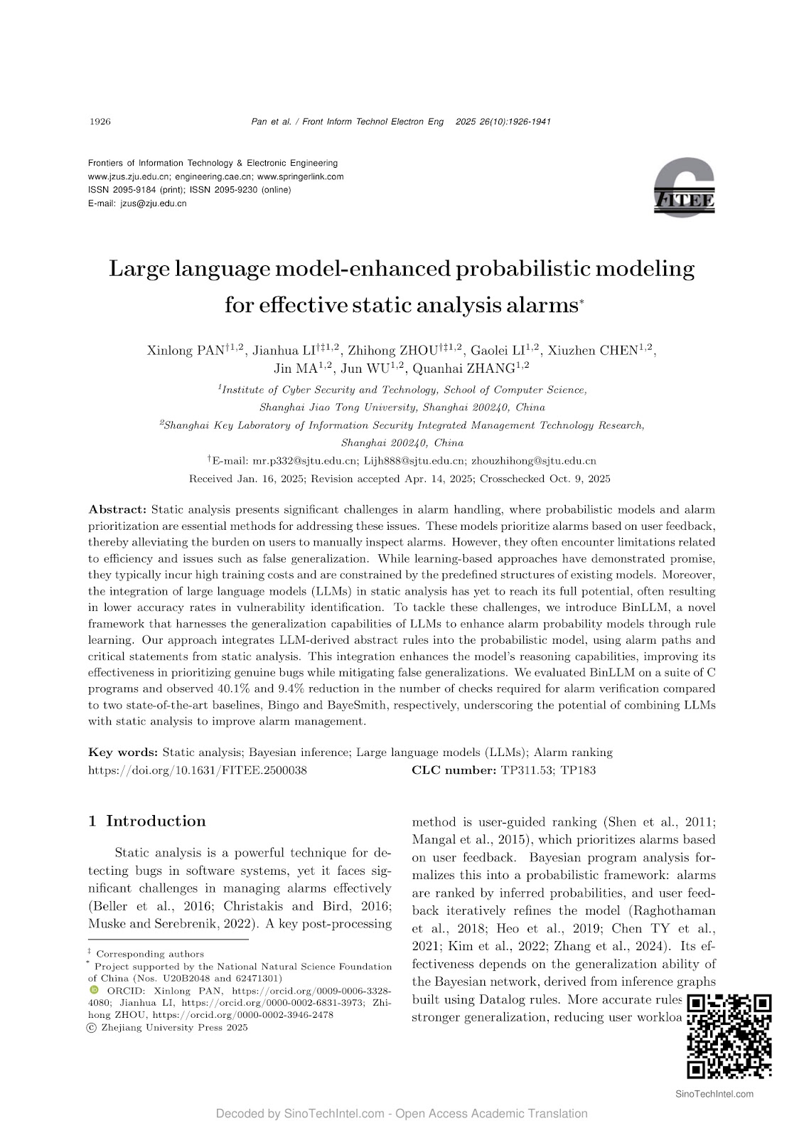 Large language model-enhanced probabilistic modeling for effective static analysis alarms