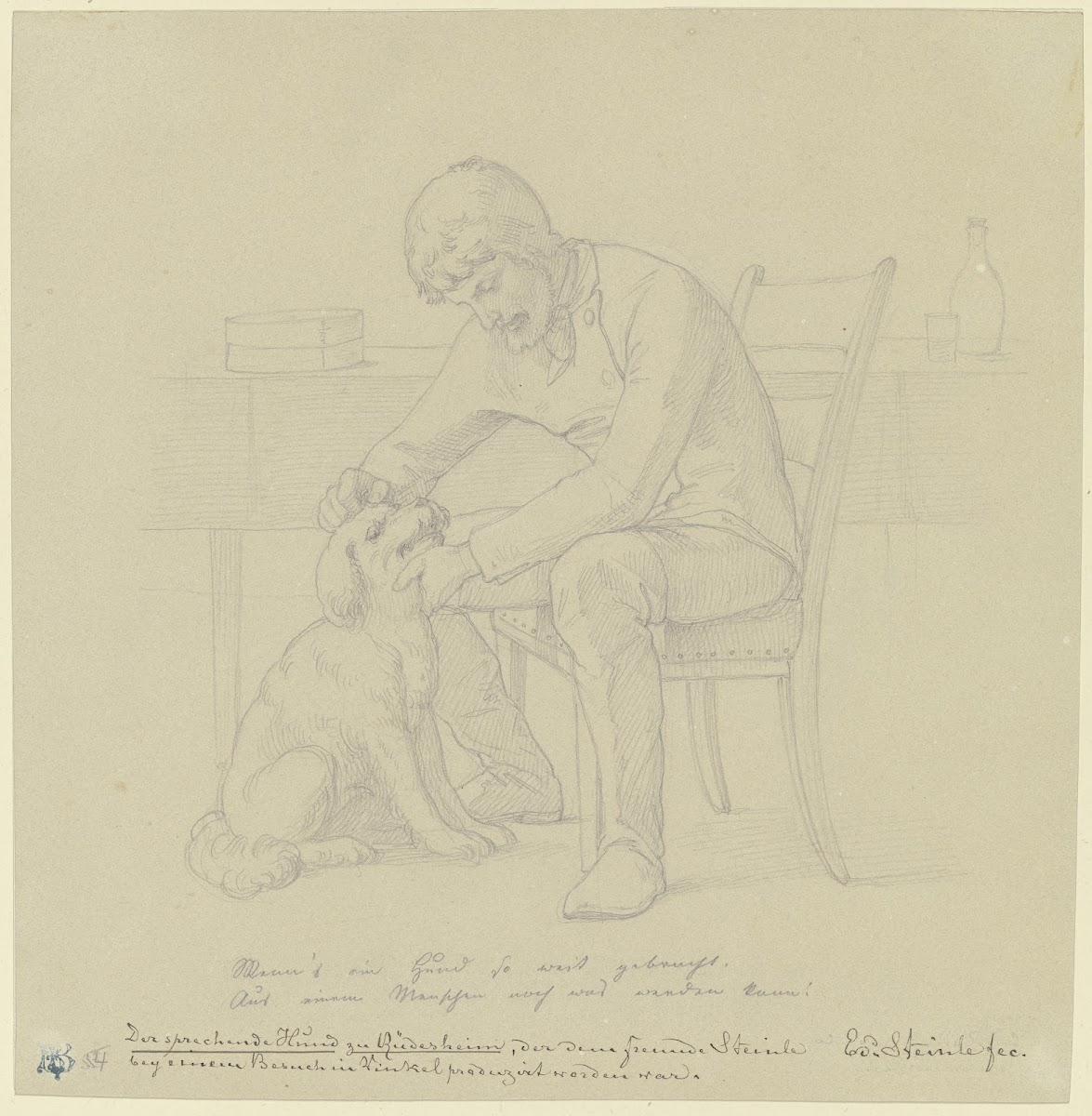 Der sprechende Hund zu Rüdesheim ein Mann mit dem Hund an einem Tisch sitzend