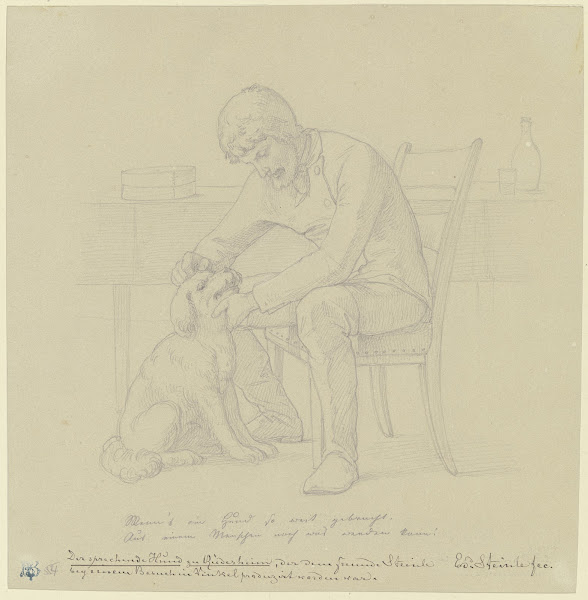 Der sprechende Hund zu Rüdesheim ein Mann mit dem Hund an einem Tisch sitzend