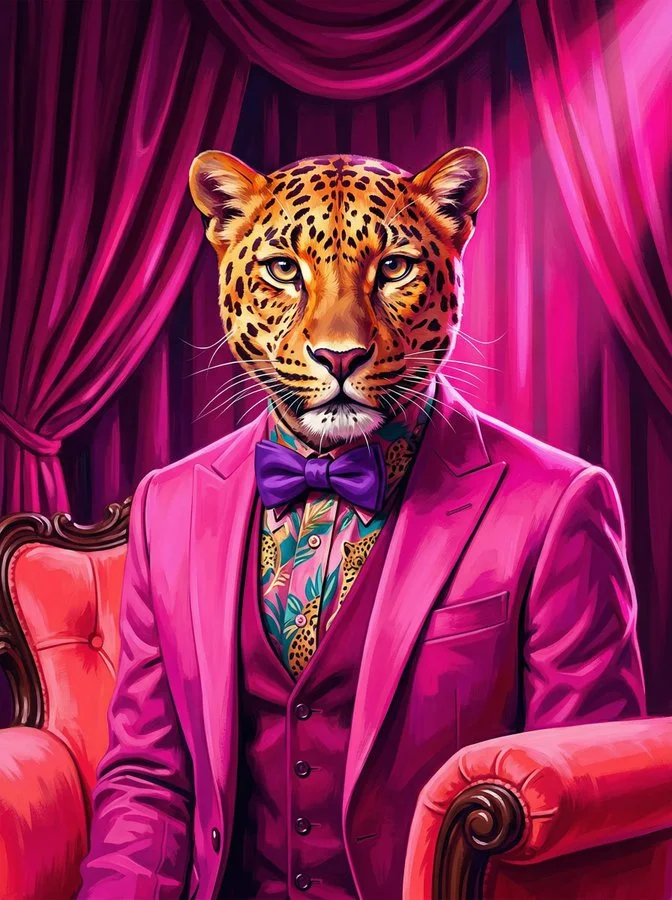 Retrato surrealista de un leopardo con traje rosa