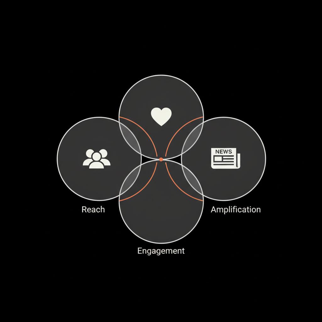 Minimal Venn infographic of three overlapping circles labeled Reach, Engagement, Amplification with follower, like, and news icons on black background — trending people on social media