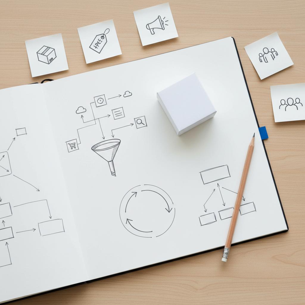 Top-down desk view of a white notebook with hand-drawn sketches and five sticky-note icons illustrating the 5 Ps of marketing, pencil and small product mockup, minimalist layout.