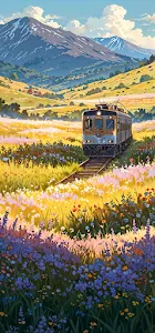 Train Journey Through Wildflower Meadow and Mountains