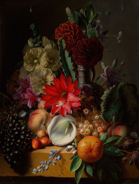 Still life with flowers and fruit on a ledge 1849