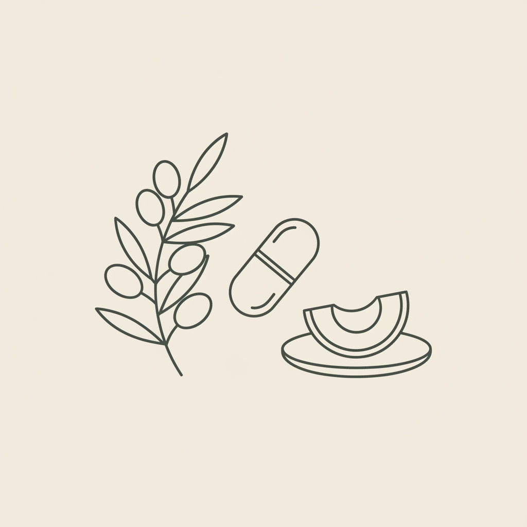 Minimal Tonum-style line illustration of an olive branch, capsule, and small plate with an avocado slice on beige background — best time to take CLA