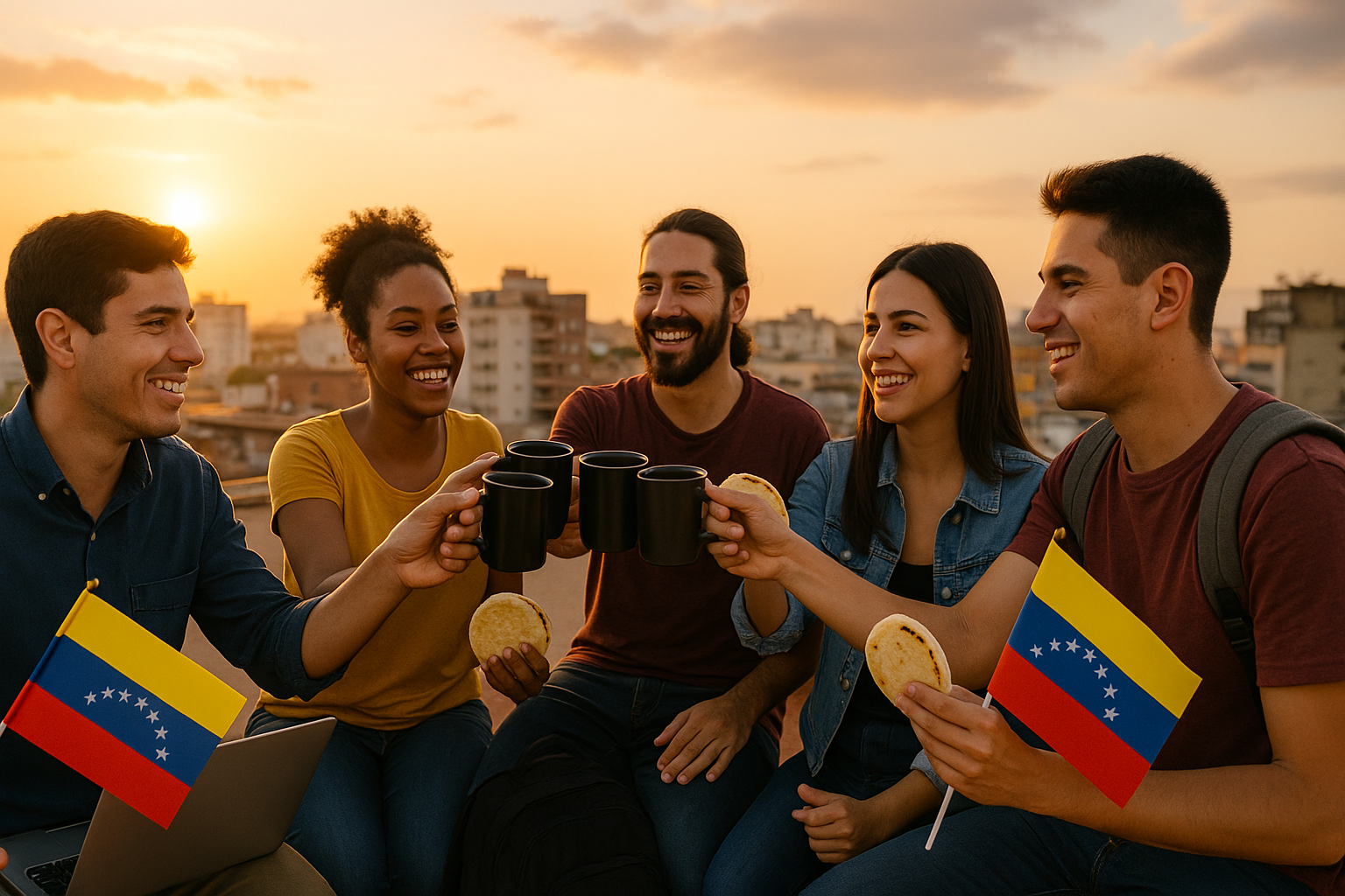 Venezolanos en una ciudad extranjera celebrando un logro profesional en comunidad