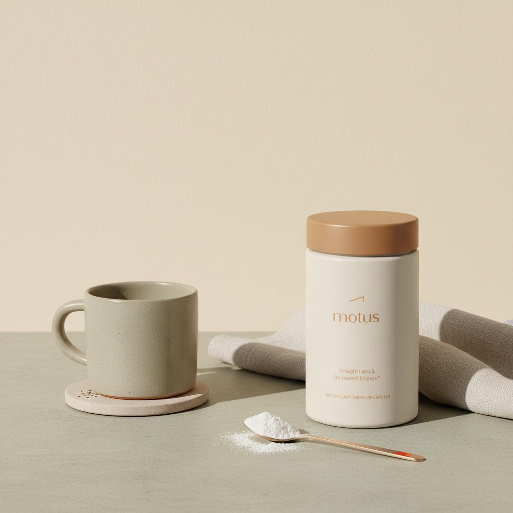Motus supplement jar with a scoop of hydrolyzed collagen powder beside a mug and towel on a kitchen counter, promoting best collagen for weight loss