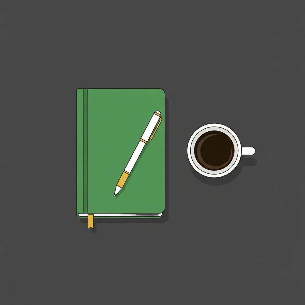 Minimal 2D vector top down workspace with a green notebook white pen and coffee cup on dark background representing opposite of passive income