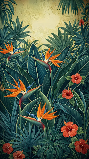 Vintage Style Digital Mural of Tropical Plants, Bird of Paradise, and Hibiscus Flowers - Free mobile Wallpaper