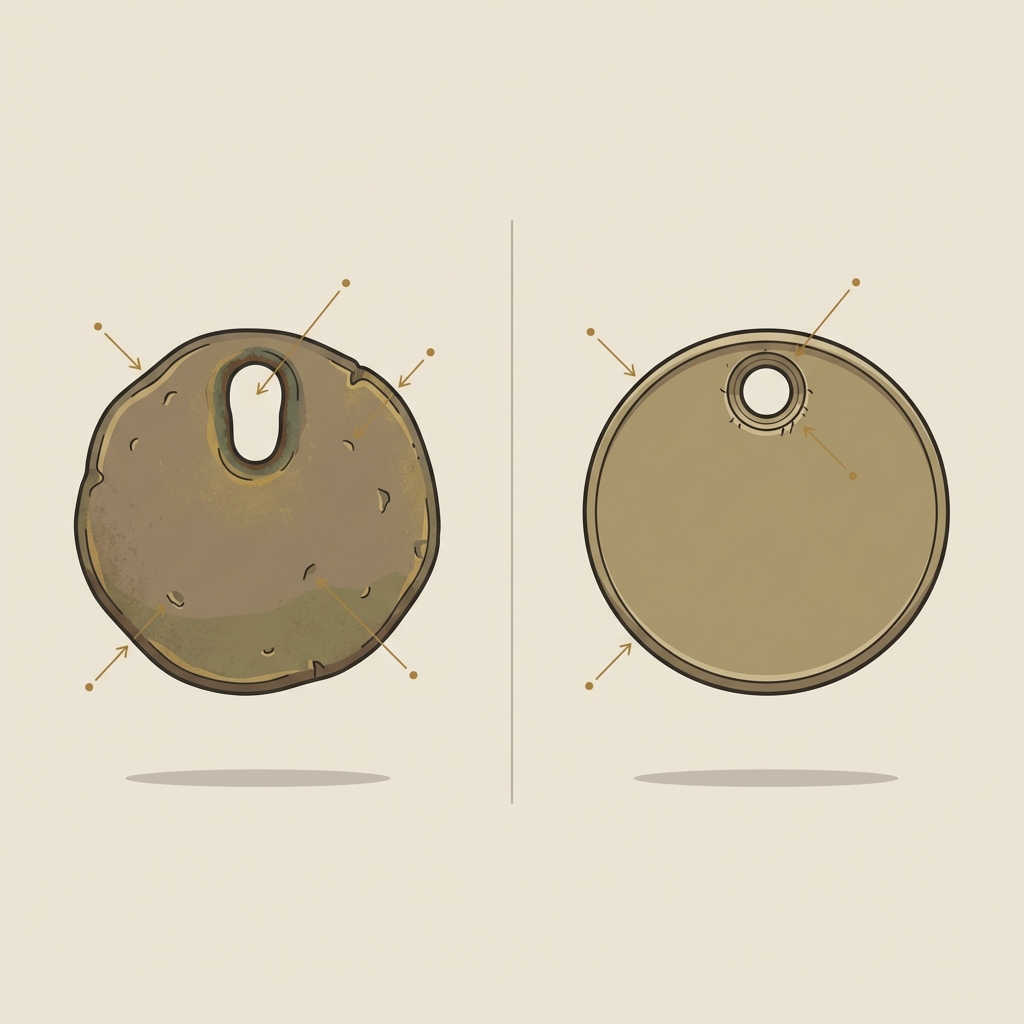 Minimalist 2D vector side by side comparison of an ancient roman coin necklace showing historic suspension wear on the left and modern drilled hole marks on the right
