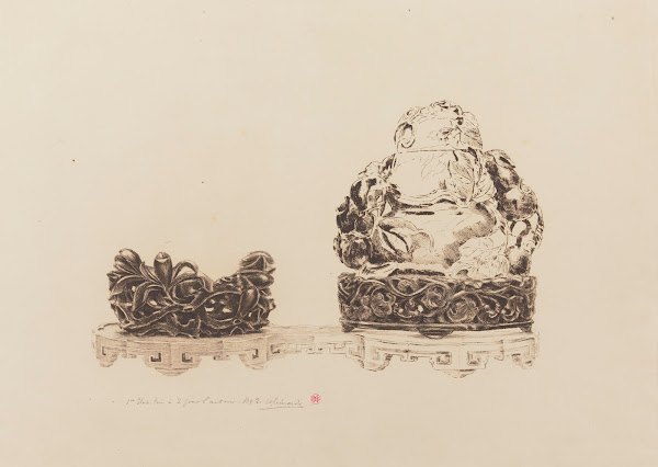 Deux sujets de jade et leur socle sur un présentoir 1890