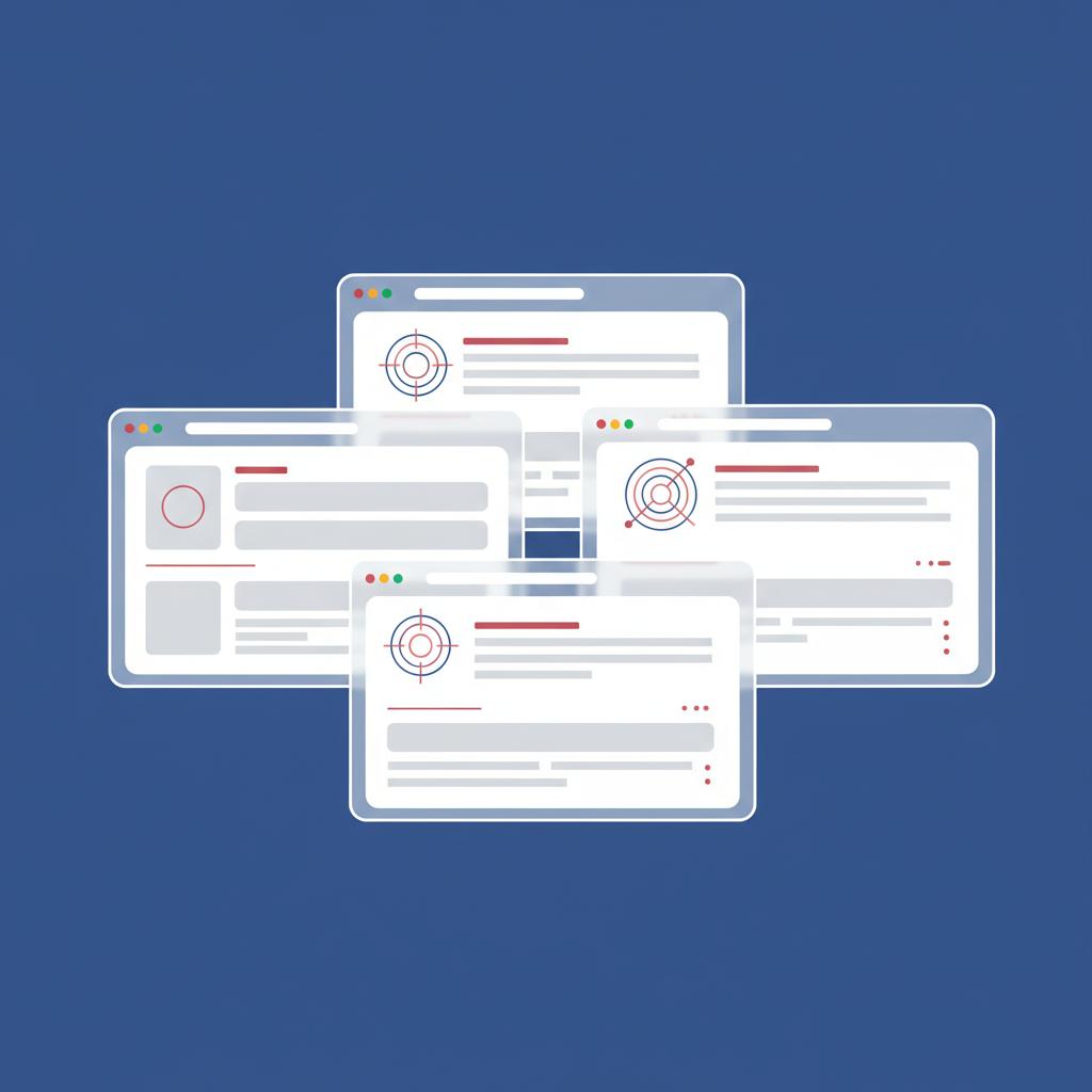 Minimal 2D vector of three stacked official style webpages on a desktop showing content placeholders and circular decorative emblems for american govt jobs