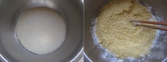 Cho men nở, đường vào bát, thêm một ít nước hòa tan. Cho bột ngô và bột mì vào trộn đều.
