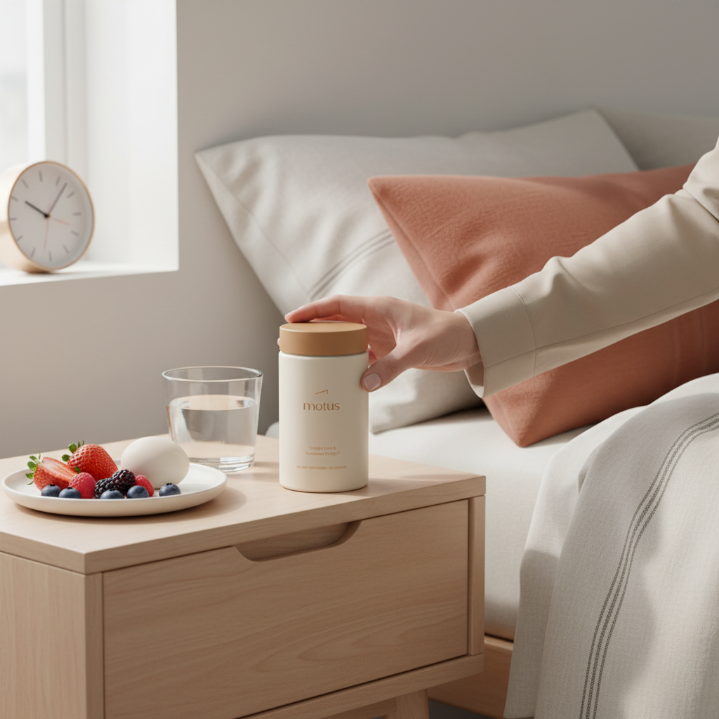 Bright morning bedside scene with Motus supplement jar next to water, a boiled egg and berries during a morning routine; does l-lysine make you lose weight